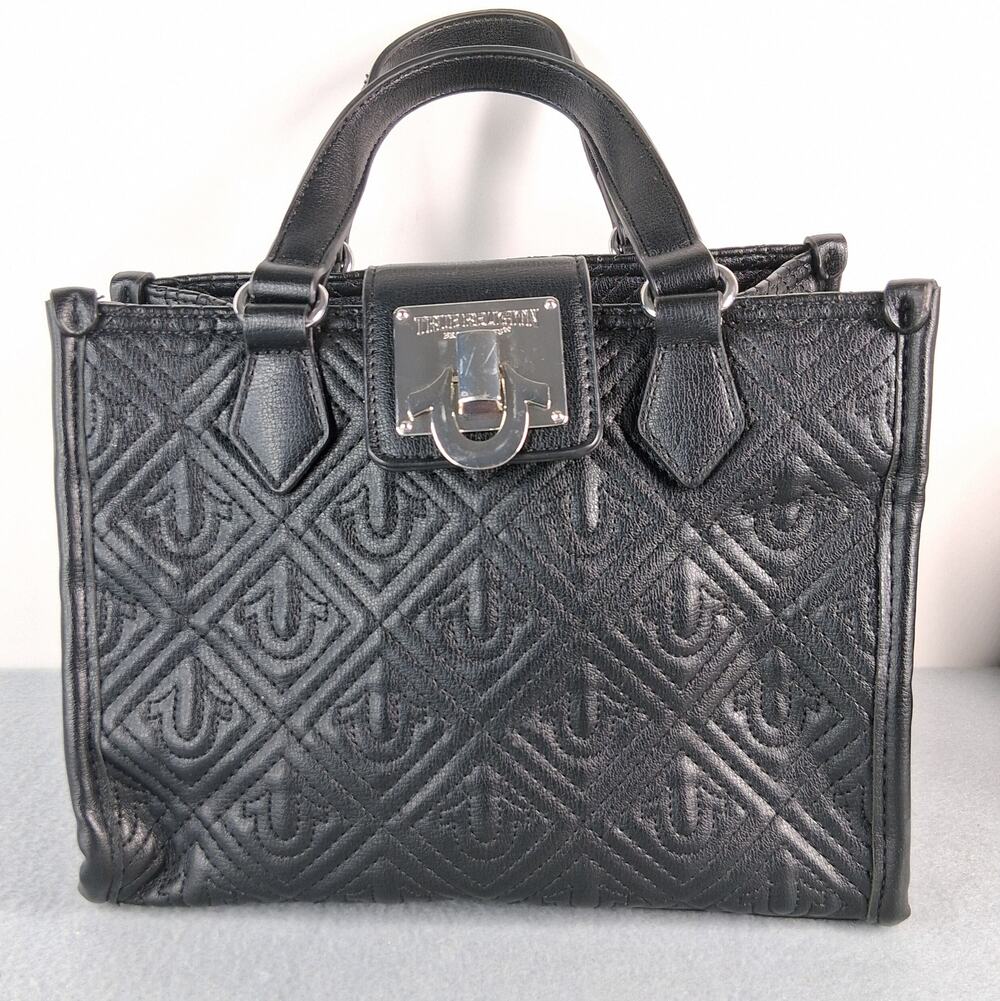 True Religion Quilted Embossed Horseshoe Logo Pattern Small Tote Bag Purse Black